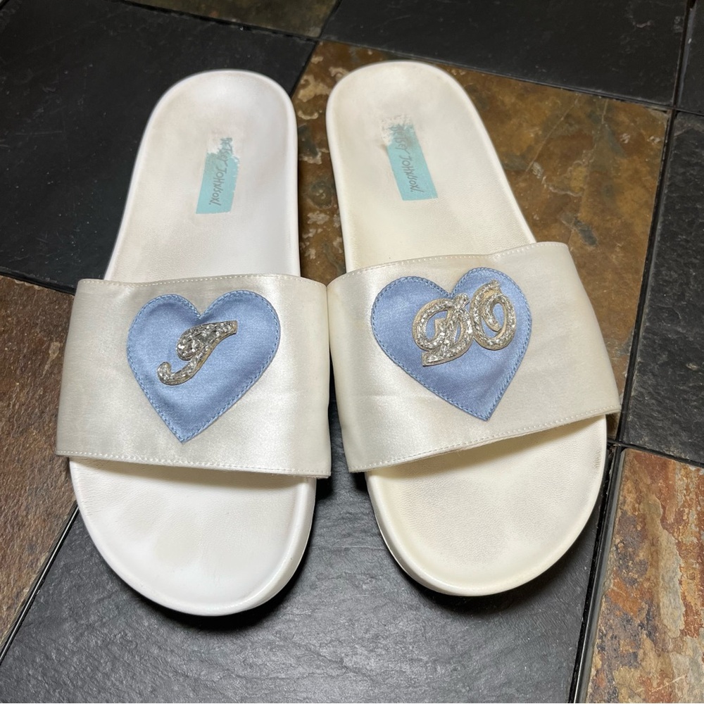 Betsey Johnson White Bridal Slides with Blue Accents